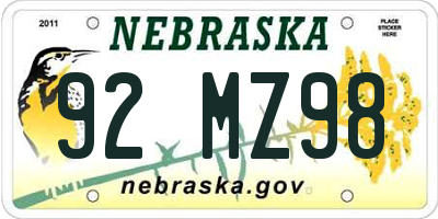 NE license plate 92MZ98