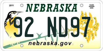 NE license plate 92ND97