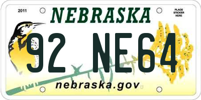 NE license plate 92NE64