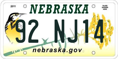 NE license plate 92NJ14