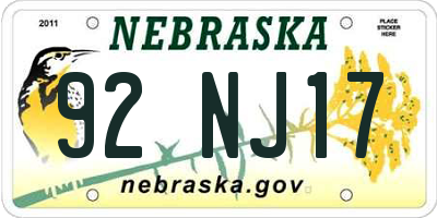 NE license plate 92NJ17