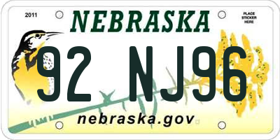 NE license plate 92NJ96