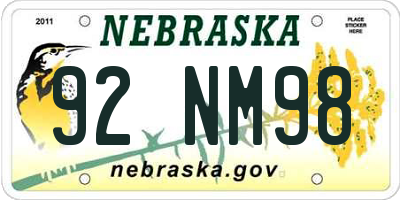NE license plate 92NM98