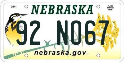 NE license plate 92NO67