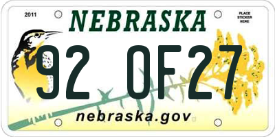 NE license plate 92OF27