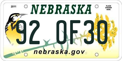 NE license plate 92OF30