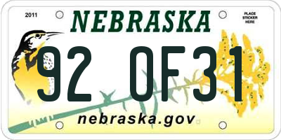 NE license plate 92OF31