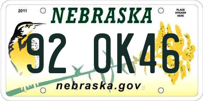 NE license plate 92OK46