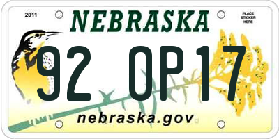 NE license plate 92OP17