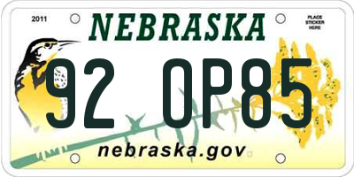 NE license plate 92OP85