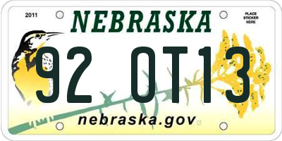 NE license plate 92OT13