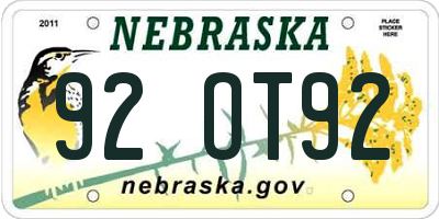 NE license plate 92OT92