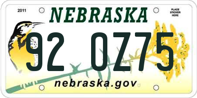 NE license plate 92OZ75