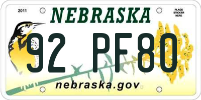 NE license plate 92PF80