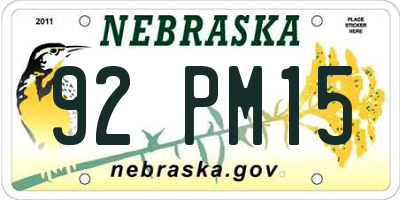 NE license plate 92PM15
