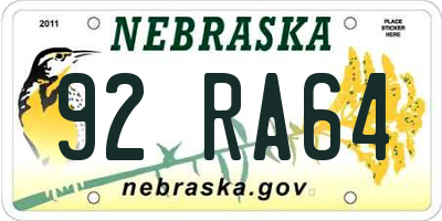 NE license plate 92RA64