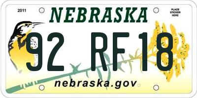 NE license plate 92RF18