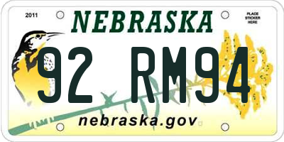 NE license plate 92RM94