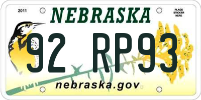 NE license plate 92RP93