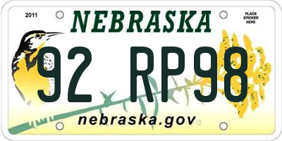 NE license plate 92RP98