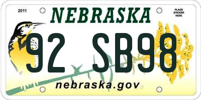 NE license plate 92SB98