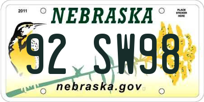 NE license plate 92SW98