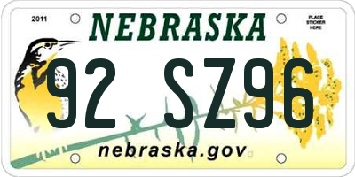 NE license plate 92SZ96