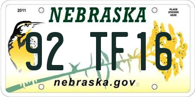 NE license plate 92TF16