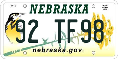 NE license plate 92TF98