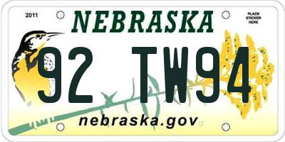 NE license plate 92TW94
