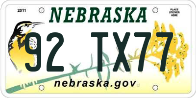 NE license plate 92TX77
