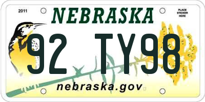 NE license plate 92TY98