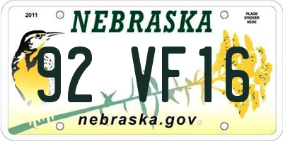 NE license plate 92VF16