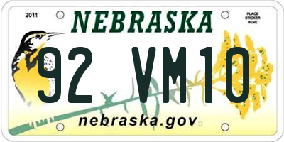 NE license plate 92VM10
