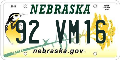 NE license plate 92VM16