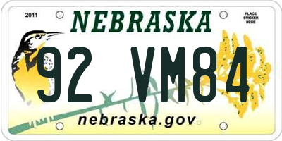 NE license plate 92VM84