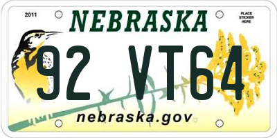 NE license plate 92VT64