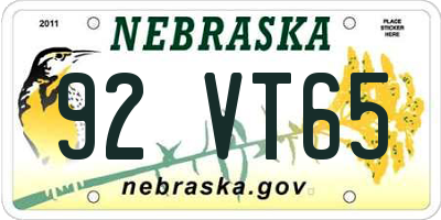 NE license plate 92VT65