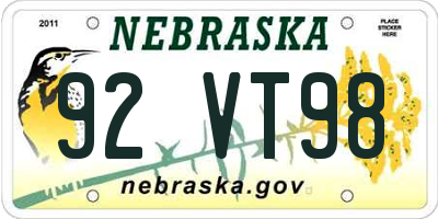NE license plate 92VT98
