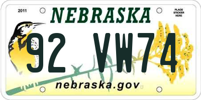 NE license plate 92VW74