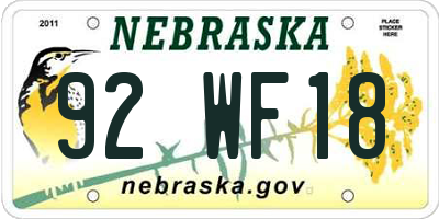 NE license plate 92WF18