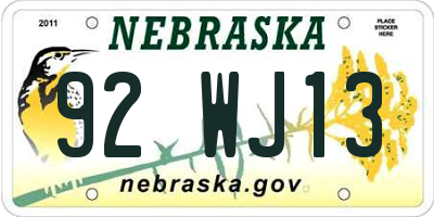 NE license plate 92WJ13