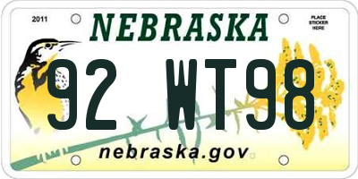NE license plate 92WT98