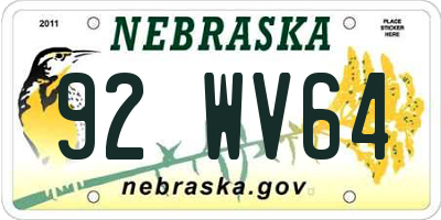 NE license plate 92WV64