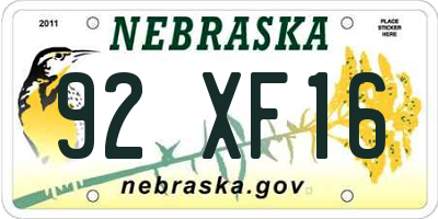 NE license plate 92XF16