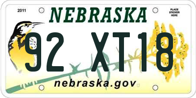 NE license plate 92XT18