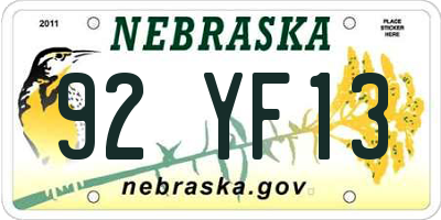 NE license plate 92YF13
