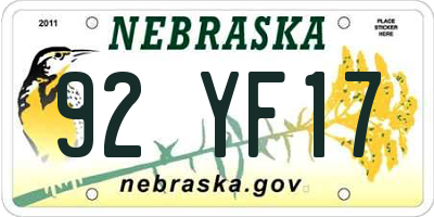NE license plate 92YF17