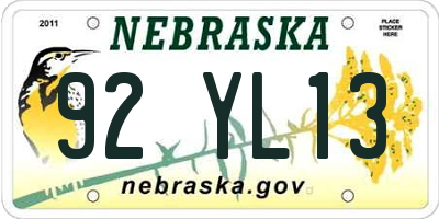NE license plate 92YL13