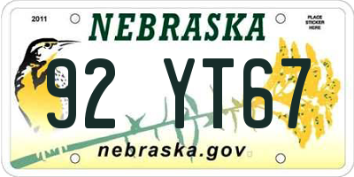 NE license plate 92YT67